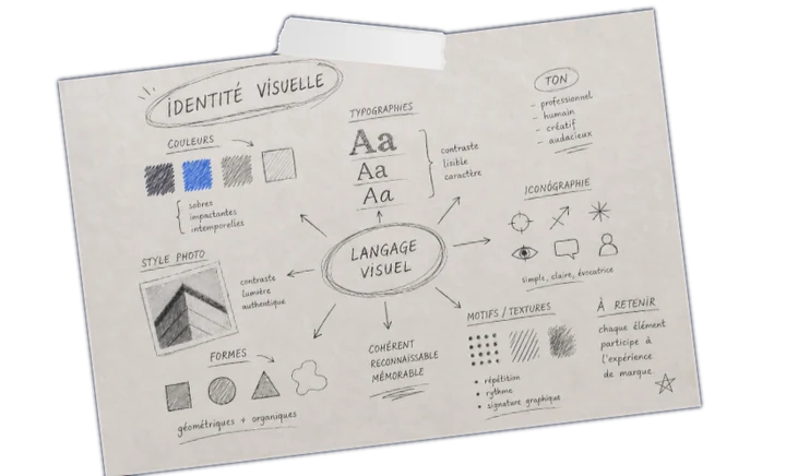 “Visual language” board: colours, typefaces, iconography, shapes, patterns