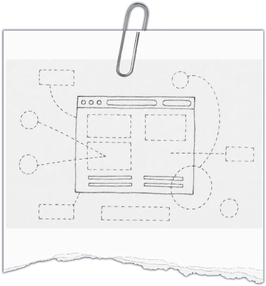 Pencil wireframe of a web page, held by a paper clip