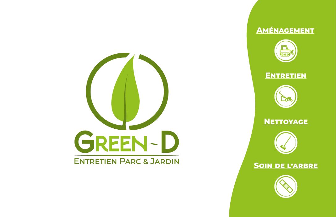 Green-D business card, front: logo and services