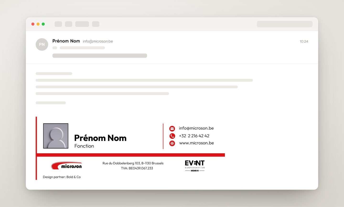 Microson email signature in context, at the bottom of an email open in a mail app: photo, name and job title, contact details, logo and address