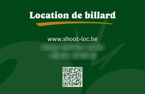 Shoot business card, green front: pool table hire