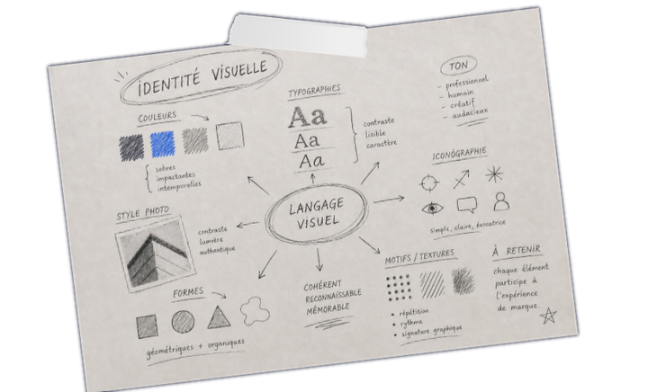 Planche « langage visuel » : couleurs, typographies, iconographie, formes, motifs
