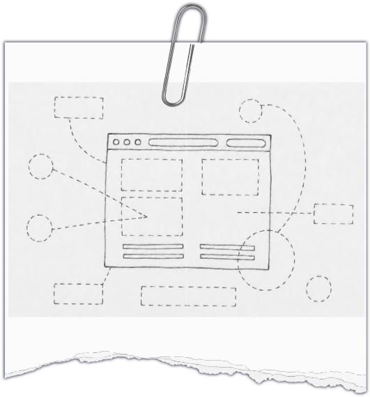 Wireframe crayonné d'une page web, épinglé par un trombone